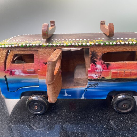 VW Volkswagon Hippie Wooden Van Bus Model Hand Painted Dolphins Surfboard Rack - Picture 1 of 6